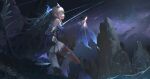 1girl bare_shoulders detached_sleeves dress duel_monster fins grey_hair hand_up head_fins highres kpt_(user_rwpd4442) long_hair long_sleeves night night_sky planted planted_sword pleated_skirt scenery shooting_star skirt sky solo sparkle sword tearlaments_scheiren water waves weapon wide_sleeves yu-gi-oh! 