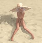  1girl barefoot beach blush breasts closed_eyes completely_nude dark_skin happy hat highres io_(io_oekaki) navel nipples nude open_mouth original sand shadow short_hair sitting solo straw_hat white_hair 