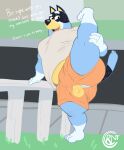  2023 absurd_res anthro australian_cattle_dog balls balls_slip bandit_heeler belly big_butt biped blue_body blue_fur bluey_(series) bottomwear butt canid canine canis cattledog clothed clothing cocoronut dialogue digital_media_(artwork) domestic_dog english_text fully_clothed fur genitals grass herding_dog hi_res male mammal open_mouth open_smile outside overweight overweight_anthro overweight_male pastoral_dog perineum plant raised_leg shirt shorts smile solo stretching tail teeth text thick_thighs tongue topwear torn_bottomwear torn_clothing torn_shorts yellow_body yellow_fur 