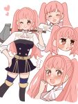  1girl axe blunt_bangs blush chimney_(chimney0311) closed_eyes commentary_request embarrassed fire_emblem fire_emblem:_three_houses garreg_mach_monastery_uniform heart highres hilda_valentine_goneril holding holding_axe holding_weapon multiple_views pink_hair pout red_eyes simple_background smile twintails weapon white_background 