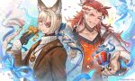  2boys alternate_costume animal_ears black_gloves black_nails black_shirt blonde_hair blue_background blue_ribbon box braid brown_jacket closed_mouth contemporary copyright diagonal_bangs erune expressionless falling_petals french_braid gift gift_box glasses gloves granblue_fantasy grin hair_ornament hair_pulled_back hair_ribbon hairclip heterochromatic_eyewear holding holding_gift jacket lapel_pin lens_flare long_hair looking_at_viewer lu_woh_(granblue_fantasy) medallion multicolored_hair multiple_boys official_art one_eye_closed open_clothes open_jacket orange_sweater pectoral_cleavage pectorals petals red_hair ribbon shirt single_braid smile streaked_hair sweater turtleneck turtleneck_sweater upper_body white_background white_hair white_jacket white_sweater wilnas_(granblue_fantasy) yellow_eyes 