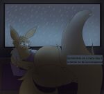  anthro bandai_namco big_breasts big_butt breasts butt canid canine canis curvy_figure digimon digimon_(species) female fox looking_at_viewer looking_back lying mammal photolol.03 raining renamoma_(photolol.03) renamon simple_background solo text thick_thighs voluptuous wide_hips window 