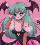  1990s_(style) 1girl absurdres artist_name black_leotard blush breasts bridal_gauntlets chelly_(chellyko) cleavage clothing_cutout collarbone demon_girl demon_wings green_eyes green_hair head_wings heart_cutout highres large_breasts leotard long_eyelashes long_hair looking_at_viewer low_wings morrigan_aensland open_mouth pantyhose pink_background purple_pantyhose retro_artstyle smile solo sparkle teeth vampire_(game) wings 