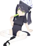  1girl absurdres animal_ear_fluff animal_ears black_dress black_footwear black_hair blue_archive blush china_dress chinese_clothes dress eating food green_eyes hair_ornament halo highres holding holding_food jiryu50610218 long_hair pelvic_curtain short_sleeves shun_(blue_archive) shun_(small)_(blue_archive) simple_background sitting solo thighhighs twintails white_background white_thighhighs 