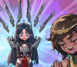  2girls bare_shoulders black_dress black_hair black_thighhighs blue_eyes blush brown_hair closed_eyes dark-skinned_female dark_skin dress emphasis_lines irelia karma_(league_of_legends) league_of_legends long_hair multicolored_background multiple_girls own_hands_together phantom_ix_row purple_background red_dress sad short_hair tears teeth thighhighs tongue tree 