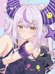  1girl absurdres ahoge bare_shoulders black_horns braid braided_bangs fang grey_hair highres hololive horns kyabetsu_ningen long_hair multicolored_hair pointy_ears purple_hair skin_fang smiley_face sticker_on_face streaked_hair striped_horns twintails yellow_eyes 