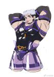  1boy :p animal_ears arms_behind_head bandaid bandaid_on_face bandaid_on_nose bara bear_boy_(tenkuyaki) bear_ears belly belt black_hair black_tank_top bulge covered_navel cropped_legs detached_sleeves facial_hair goatee hip_vent large_pectorals looking_at_viewer male_focus multicolored_hair muscular muscular_male nipples original pectorals plump purple_eyes see-through see-through_legwear short_hair sideburns sidepec solo tank_top tenkuyaki thick_eyebrows thick_thighs thighs tongue tongue_out torn_clothes torn_sleeves two-tone_hair unfinished white_hair 