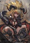  1girl absurdres animal_ears between_legs blonde_hair blue_eyes boots breasts chest_harness cleavage commentary elbow_on_knee embers fang full_body gauntlets hand_between_legs harness highres horizontal_pupils horns large_breasts long_hair low_wings monster_girl original parted_lips sabamisob shoulder_spikes skin_fang snake spikes spread_legs squatting wings 