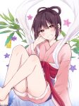  1boy banjou_azusa bare_legs barefoot blue_nails blush brown_eyes brown_hair crossdressing eyelashes foot_out_of_frame hand_up head_tilt japanese_clothes kimono koisuru_(otome)_no_tsukurikata legs long_sleeves looking_at_viewer male_focus mihate_hiura nail_polish obi otoko_no_ko pink_kimono sash short_kimono signature sitting solo tanabata tanzaku teeth toenail_polish toenails toes wide_sleeves 