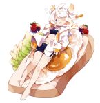  1girl ;o absurdres artist_logo artist_name blonde_hair blue_eyes blush bread cherry_tomato collarbone cowlick egg egg_yolk food full_body hand_on_own_cheek hand_on_own_face highres jacket lettuce long_sleeves lying midriff multicolored_clothes multicolored_hair multicolored_jacket navel on_back one_eye_closed open_clothes open_jacket original oversized_food parted_bangs personification short_hair shorts simple_background single_tear sleeves_past_wrists sports_bra striped tearing_up thighs tomato two_side_up uenomigi white_background white_hair white_jacket yawning yellow_jacket 