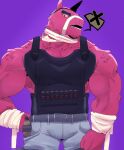  2023 ammunition animate_inanimate anthro bandage bandaged_arm bandaged_neck belt big_pecs black_clothing black_eyebrows black_topwear black_vest bottomwear bulletproof_vest camelid clothing denim denim_clothing ears_up epic_games eye_patch eyebrows eyewear facial_hair fortnite fur goatee hi_res jeans living_pinata llama looking_at_viewer lt._john_llama makota_toh male mammal muscular muscular_arms muscular_male open_mouth pants pecs pinata pink_body pink_fur shell_(projectile) shotgun_shell solo speech_bubble tactical_gear teeth topwear tufted_fur vest wool_(fur) 