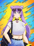  1girl absurdres belt black_belt black_choker choker commentary cone_hair_bun crop_top double_bun facial_mark genshin_impact hair_between_eyes hair_bun hand_in_pocket highres keqing_(genshin_impact) looking_at_viewer midriff navel purple_eyes purple_hair shirt short_sleeves smile solo star_(symbol) stomach upper_body white_shirt yellow_glasses_(odivichno) 