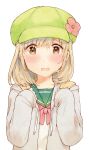  1boy blonde_hair blush brown_eyes crossdressing flower_in_hat green_headwear hands_up jacket long_sleeves looking_at_viewer male_focus open_mouth original otoko_no_ko red_ribbon ribbon school_uniform serafuku simple_background sleeves_past_wrists solo tsumura_chita upper_body white_background white_jacket 