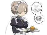  1girl azur_lane blush braid breasts cake cupcake english_text food hair_over_one_eye highres looking_at_viewer maid maid_headdress medium_breasts parallelrey sheffield_(azur_lane) short_hair simple_background solo speech_bubble sponge_cake upper_body white_background yellow_eyes 