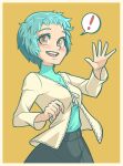  ! 1girl :d absurdres artist_request bad_link blue_hair blue_shirt blush brown_eyes drawfag hand_up highres non-web_source persona persona_3 shirt short_hair smile solo spoken_exclamation_mark standing yamagishi_fuuka yellow_background 
