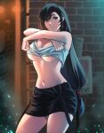  1girl bare_arms bare_shoulders black_hair black_skirt breasts brick_wall cleavage clothes_lift commission cowboy_shot crop_top crossed_arms dangle_earrings earrings final_fantasy final_fantasy_vii hair_between_eyes hair_tie highres jewelry kivavis large_breasts long_hair low-tied_long_hair midriff miniskirt navel parted_lips red_eyes shirt shirt_lift skirt sleeveless sleeveless_shirt solo suspenders_hanging swept_bangs tifa_lockhart underboob white_shirt 