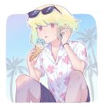  1boy black_shorts black_wristband blonde_hair blue_background border commentary earrings eyewear_on_head floral_print food hair_tucking hawaiian_shirt highres holding holding_food holding_ice_cream ice_cream ice_cream_cone jewelry knees knees_up kome_1022 licking lio_fotia male_focus mint_chocolate official_alternate_costume otoko_no_ko outdoors palm_tree promare purple_eyes shirt short_hair shorts sitting solo sunglasses sweat symbol-only_commentary tongue tongue_out tree triangle_earrings white_border white_shirt 