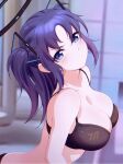  1girl bikini black_bikini blue_archive blush breasts cleavage closed_mouth collarbone halo highres large_breasts long_hair looking_at_viewer mechanical_halo mtoan purple_eyes purple_hair solo swimsuit two_side_up upper_body yuuka_(blue_archive) 