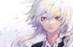  1girl blue_eyes buttons collar highres izayoi_sakuya long_hair looking_at_viewer re_(re_09) solo touhou white_background white_hair 