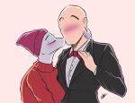  anon_(snoot_game) anthro bald beanie blush bow_tie breasts clothed clothing colored deadassspider dinosaur duo erin_(snoot_game) eyes_closed faceless_character faceless_human faceless_male female female_anthro female_on_human grey_body hand_on_neck hat headgear headwear human human_on_anthro interspecies larger_human larger_male male male/female male_on_anthro mammal reptile scalie simple_background size_difference smaller_anthro smaller_female snoot_game snout suit sweater topwear 