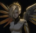  1girl angel_wings armor black_background blonde_hair halo highres koriikor looking_at_viewer mercy_(overwatch) metal_wings overwatch overwatch_2 signature white_armor wings yellow_headwear 