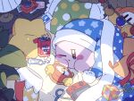  alarm_clock bed blue_eyes blue_headwear blush blush_stickers box camera character_doll clock closed_mouth commentary_request desk_lamp food handheld_game_console harukui hat highres indoors kirby kirby_(series) lamp leaf light_particles mentos morning nightcap nintendo_switch no_humans on_bed one_eye_closed photo_(object) pillow plant pocky pom_pom_(clothes) red_ribbon ribbon rubik&#039;s_cube scissors shadow sleepy solo star_(symbol) star_pillow string_of_light_bulbs table under_covers waddle_dee 