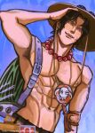  1boy abs absurdres armband artist_name bead_necklace beads black_hair commentary cowboy_hat freckles hand_in_own_hair hat highres instagram_username jewelry male_focus necklace one_piece open_mouth portgas_d._ace short_hair signature smile sol_(http_wanning) solo teeth topless_male 