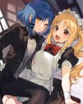  2girls :d ahoge akitsuki_(oenothera) alternate_costume apron black_bow black_bowtie black_pants blonde_hair blue_hair bocchi_the_rock! bow bowtie commentary_request enmaided formal highres ijichi_nijika long_hair maid maid_apron maid_headdress multiple_girls open_mouth pants red_eyes revision short_hair smile suit teeth upper_teeth_only yamada_ryou yellow_eyes 