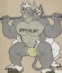  2017 2_horns abs ankle_tuft anthro barbell_squats behind_another biceps big_pecs bovid bovine bulge canid canine canis cattle claws clenched_teeth clothed clothing crouching deltoids duke_(nightterror) duo english_text exercise facial_piercing facial_spikes fur grey_body grey_fur grin hair hand_on_abs hand_on_side holding_bar holding_object hooved_plantigrade hooved_toes horn ink jockstrap jockstrap_only leg_tuft looking_at_another looking_back male male/male mammal musclegut muscular muscular_anthro muscular_male muscular_thighs navel nightterror nipple_piercing nipple_ring nipples nose_piercing nose_ring paint_on_body pawpads pecs piercing ring_piercing septum_piercing septum_ring simple_background smile spikes spikes_(anatomy) standing_behind tan_background tan_hair teeth text toe_claws topless tuft underwear underwear_only weightlifting white_body white_fur wolf workout zato 
