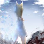  1girl animal_ear_fluff animal_ears bare_arms bare_shoulders blonde_hair blue_sky blurry blurry_foreground cloud commentary_request day depth_of_field dress facing_away fox_ears fox_girl fox_tail from_behind highres long_hair low_ponytail original outdoors ponytail ruins sky sleeveless sleeveless_dress solo su_guryu tail very_long_hair white_dress 