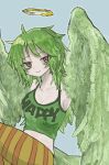  1girl bare_shoulders breasts cleavage clothes_writing commentary_request crop_top feathered_wings feathers green_feathers green_hair green_tank_top halo harpy highres long_hair medium_breasts midriff monet_(one_piece) monster_girl one_piece pantyhose snd0 solo striped striped_pantyhose tank_top winged_arms wings yellow_eyes 
