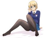  1girl adjusting_eyewear arm_support bespectacled black_necktie black_pantyhose blonde_hair blue_eyes blue_skirt blue_sweater blush braid breasts collared_shirt darjeeling_(girls_und_panzer) emblem french_braid girls_und_panzer glasses legs long_sleeves looking_at_viewer necktie no_shoes pantyhose pleated_skirt school_uniform shirt sitting skirt smile solo st._gloriana&#039;s_(emblem) st._gloriana&#039;s_school_uniform sweater swept_bangs thighband_pantyhose thighs tights_day uona_telepin white_background white_shirt 