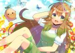  1girl :d animal arm_behind_head arm_up blurry blurry_background brown_hair bug butterfly collarbone commentary_request depth_of_field feet_out_of_frame flower green_eyes green_hair hair_between_eyes indie_virtual_youtuber kou_hiyoyo looking_at_viewer multicolored_hair overall_shorts overalls pointy_ears puffy_short_sleeves puffy_sleeves red_flower shirt short_sleeves smile solo streaked_hair virtual_youtuber whinypotato white_shirt 
