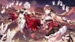  2girls :d absurdres architecture bangs bare_shoulders blue_eyes breasts brown_eyes brown_hair chinese_clothes cleavage closed_mouth commentary east_asian_architecture fireworks full_body highres holding holding_sword holding_weapon honkai_(series) honkai_impact_3rd kiana_kaslana kiana_kaslana_(herrscher_of_flamescion) lantern li_sushang li_sushang_(jade_knight) lino_chang looking_at_another multiple_girls navel night night_sky open_mouth outdoors second-party_source sky smile star_(sky) starry_sky stomach sword temple weapon white_hair yin_yang 