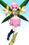  1girl boots detached_sleeves digimon digimon_(creature) dress fairy flower fujihana_(mugenpixel) green_footwear green_sleeves hair_vines knee_boots leaf_wings lilimon looking_at_viewer monster_girl open_mouth outdoors petals pink_dress plant plant_girl solo 