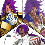  1boy bhima_(fate) bhima_(second_ascension)_(fate) bhima_(third_ascension)_(fate) curry dark-skinned_male dark_skin fate/grand_order fate_(series) food gloves gold_armor grin highres holding holding_food hominya510 interlocked_fingers laughing long_hair looking_at_viewer male_focus multiple_views muscular muscular_male official_alternate_costume own_hands_together pectoral_cleavage pectorals purple_eyes smile upper_body 