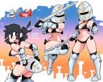  armor armored_boots bikini black_bikini black_eyes black_hair black_nails boots breasts butt_crack cleavage crab english_text gradient_background helmet highres holding holding_sword holding_weapon lucia_(scott_malin) medium_breasts navel original outline scott_malin swimsuit sword weapon white_outline 