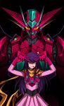  1girl 3ok black_background crossover double_v dress getter-1 getter_robo highres hoshino_ai_(oshi_no_ko) long_hair looking_at_viewer mecha new_getter_robo oshi_no_ko pink_dress purple_eyes purple_hair robot scarf super_robot tongue tongue_out v very_long_hair yellow_scarf 