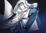  1boy armor black_hair blue_eyes charlemagne_(fate) cloak fate/grand_order fate_(series) gradient_background hair_between_eyes highres hood hood_up hooded_cloak idass_(idass16) joyeuse_ordre_(fate) looking_at_viewer male_focus multicolored_hair one_eye_closed puff_and_slash_sleeves puffy_sleeves sheath sheathed short_hair smile solo streaked_hair sword two-tone_hair upper_body weapon white_cloak white_hair 