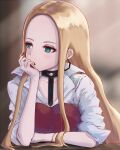  1girl asairosora blonde_hair blurry blurry_background blush breasts brown_background collarbone collared_shirt commentary_request earrings finger_in_own_mouth forehead green_eyes half-closed_eyes hand_to_own_mouth hand_up jewelry light_blush long_hair looking_to_the_side oleana_(pokemon) parted_bangs pokemon pokemon_(game) pokemon_swsh shirt sidelocks sleeves_rolled_up small_breasts solo upper_body white_shirt 