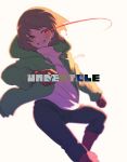  1other black_pants blurry blush bob_cut boots brown_eyes brown_hair chara_(undertale) character_name chromatic_aberration commentary crazy_eyes depth_of_field dodging eye_trail foot_out_of_frame gloves green_hoodie grin heterochromia hole_in_hair hood hood_down hoodie jumping light_blush light_trail long_sleeves open_clothes open_hoodie oshiruko_(tsume) pants red_eyes red_footwear red_gloves shirt short_hair simple_background smile solo storyshift sweatdrop turtleneck undertale white_background white_shirt 