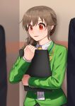  1girl binder blazer blush braid braided_ponytail brown_hair commentary dress_shirt false_smile green_jacket hair_over_shoulder highres holding id_card idolmaster idolmaster_cinderella_girls jacket kamille_(vcx68) lanyard long_hair long_sleeves looking_to_the_side necktie open_mouth red_eyes senkawa_chihiro shirt single_braid smile standing sweat upper_body white_shirt wing_collar yellow_necktie 