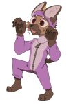  2023 anthro barefoot brown_body brown_fur brown_spots clothed clothing costume digital_media_(artwork) feet fully_clothed fur hi_res hyena mammal mangoyena open_mouth open_smile simple_background smile solo spots white_background 