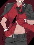  1girl belt black_belt black_jacket black_necktie black_pants demon demon_girl demon_tail gloves helltaker jacket jacket_on_shoulders justice_(helltaker) navel navel_focus necktie necktie_on_shoulder open_clothes open_shirt pants red_gloves red_shirt shirt smile tail 