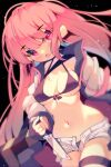  1girl aged_down black_bra blush bra breasts highres holding holding_knife hololive hololive_english jacket knife long_hair medium_breasts mori_calliope navel open_clothes open_jacket pink_eyes pink_hair short_shorts shorts the0neulost underwear very_long_hair virtual_youtuber 