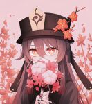  1girl black_headwear black_nails bright_pupils brown_coat brown_hair coat commentary covered_mouth flower flower-shaped_pupils genshin_impact hair_between_eyes hat hat_flower hat_tassel highres holding holding_flower hu_tao_(genshin_impact) long_hair looking_at_viewer orange_eyes pink_background pink_flower portrait silk_flower_(genshin_impact) simple_background solo soyolan symbol-shaped_pupils twintails white_pupils 