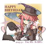  1girl animal arknights artist_name bare_shoulders bird black_headwear black_jacket blue_eyes braid character_name cocktail cocktail_glass cup dated deerstalker drinking_glass food fruit gloves goose happy_birthday hat highres jacket lemon lemon_slice may_(arknights) off-shoulder_jacket off_shoulder penguin pink_hair rryy shirt short_hair_with_long_locks sidelocks sleeveless sleeveless_shirt twin_braids white_gloves white_shirt 