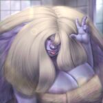  absurd_res areola areola_slip big_ears blonde_hair female fluffy_ears gesture hair hi_res huge_ears humanoid league_of_legends lips poppy_(lol) riot_games short_stack solo takoonart tongue tongue_out towel towel_only v_sign yordle 