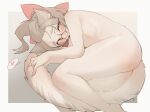  3gs anthro blush domestic_cat eyewear eyewear_only felid feline felis female fur glasses glasses_only grey_hair hair heterochromia hi_res looking_at_viewer mammal nipples nude simple_background smile solo sona_(yuio) tail tongue tongue_out white_body white_fur 