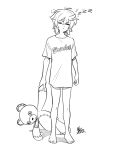  1boy bridget_(guilty_gear) closed_eyes clothes_writing guilty_gear guilty_gear_strive looking_at_viewer male_focus medium_hair monochrome mx._moz otoko_no_ko roger_(guilty_gear) shirt short_sleeves sleepwalking sleepy stuffed_animal stuffed_toy t-shirt teddy_bear waking_another waking_up zzz 